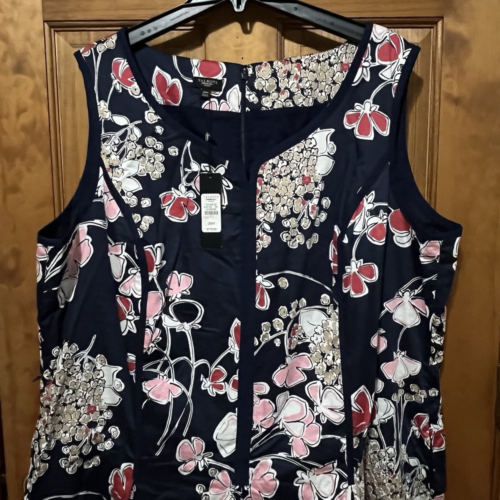 Talbots Sleeveless Dress Size 20W Navy Blue Pink Floral Pockets Back Zip NEW
